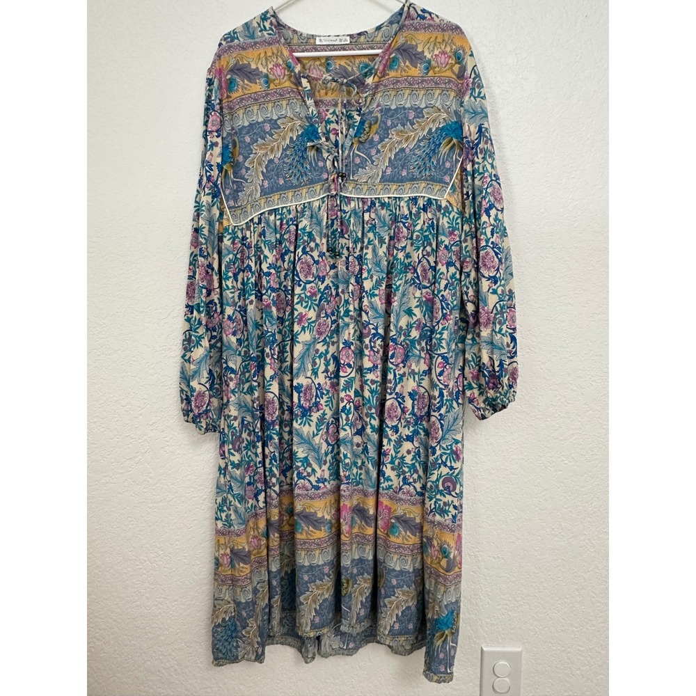 R. Vivimos Peacock Floral Boho Midi Dress Blue XL Tie Neck Long Sleeve Babydoll